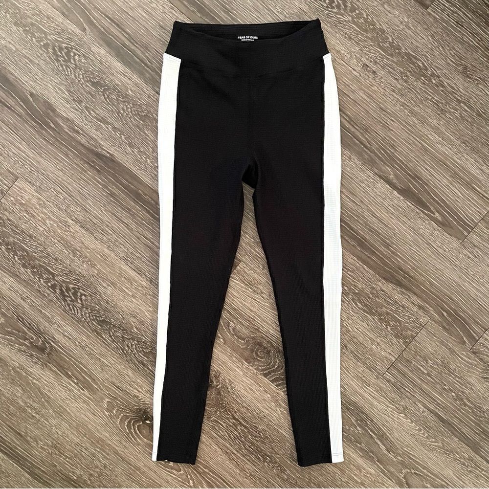Year of Ours Thermal Track Leggings Black White Stripe Waffle Knit